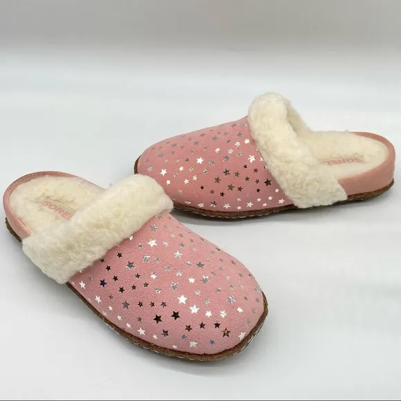 Sorel Girls Nakiska Slide II Slippers in Faux Pink Silver Stars size Youth 4 NEW