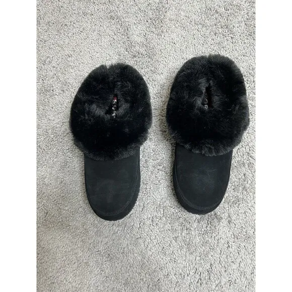 SOREL Go Coffee Run Faux Fur Slippers Soft Cushion Black Women's Size 8 NWOB