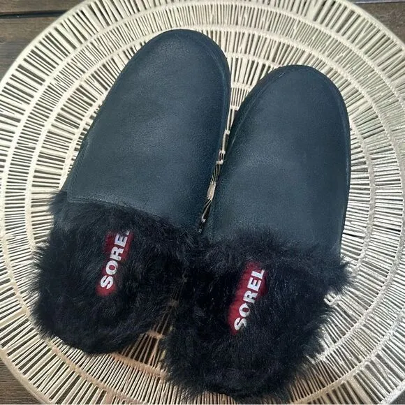 Sorel Go - Errand Run Women's Slippers  Size 6 Black Leather &amp; Faux Fur EUC