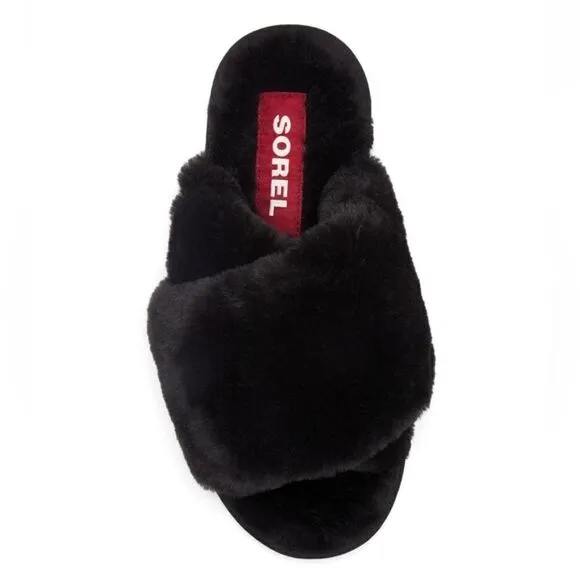 Sorel Go Mail Run Faux Fur Cotton Slippers, Cozy House Shoes , Black, Size 9, NW