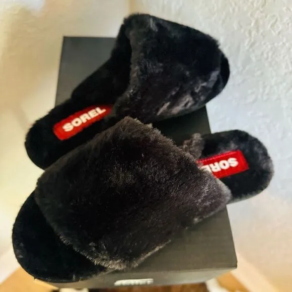 Sorel Go Mail Run Faux Fur Cotton Slippers, Cozy House Shoes , Black, Size 9, NW