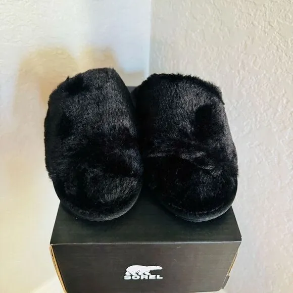 Sorel Go Mail Run Faux Fur Cotton Slippers, Cozy House Shoes , Black, Size 9, NW