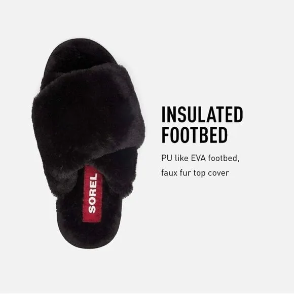 Sorel Go Mail Run Faux Fur Cotton Slippers, Cozy House Shoes , Black, Size 9, NW