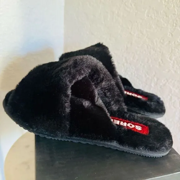 Sorel Go Mail Run Faux Fur Cotton Slippers, Cozy House Shoes , Black, Size 9, NW