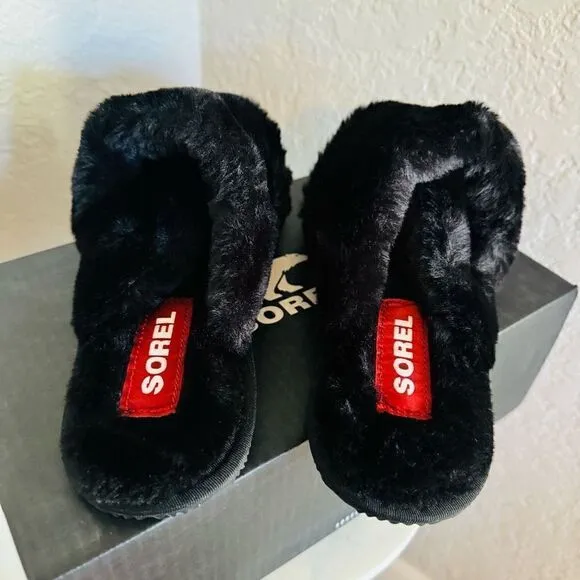 Sorel Go Mail Run Faux Fur Cotton Slippers, Cozy House Shoes , Black, Size 9, NW