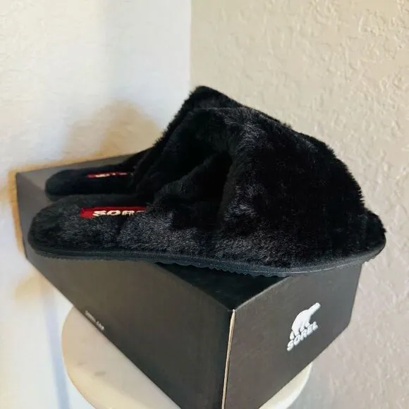 Sorel Go Mail Run Faux Fur Cotton Slippers, Cozy House Shoes , Black, Size 9, NW