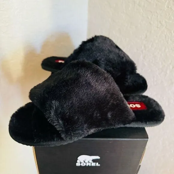 Sorel Go Mail Run Faux Fur Cotton Slippers, Cozy House Shoes , Black, Size 9, NW
