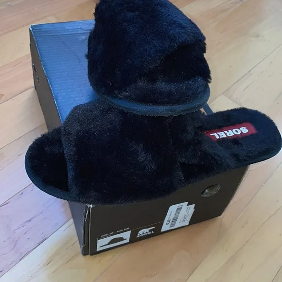 SOREL Go Mail Run Faux Fur Slide Slipper in Black Women's Size 12 NWT