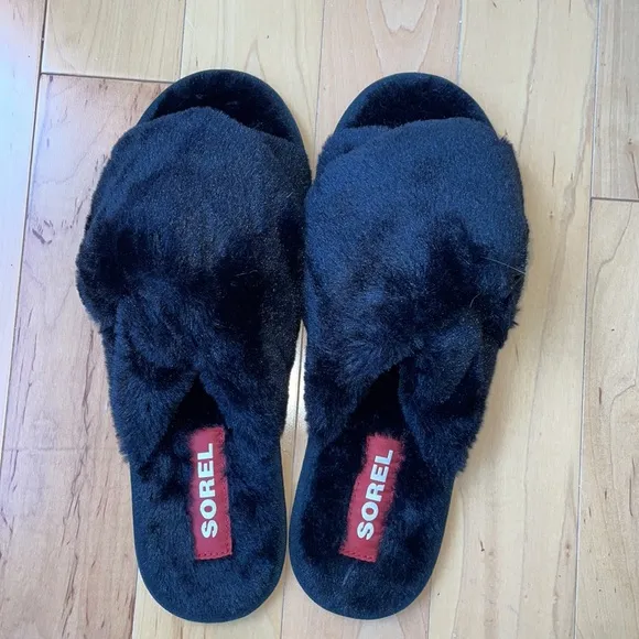 SOREL Go Mail Run Faux Fur Slide Slipper in Black Women's Size 12 NWT