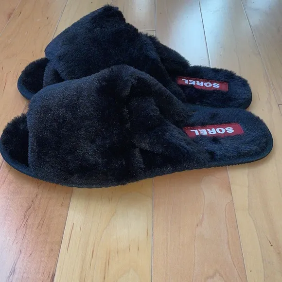 SOREL Go Mail Run Faux Fur Slide Slipper in Black Women's Size 12 NWT