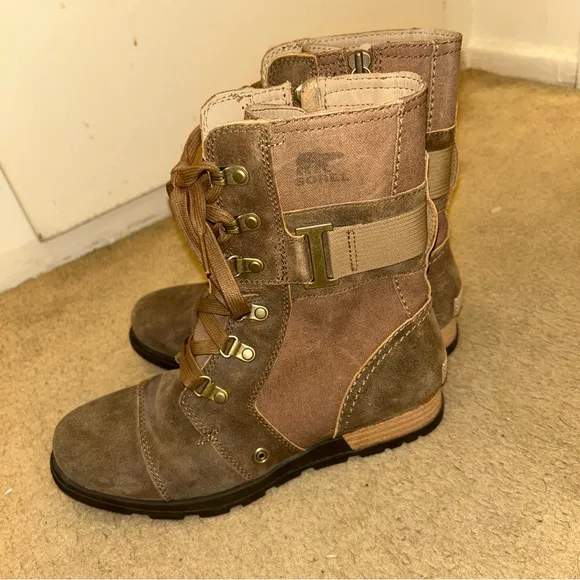 Sorel Major Carly Ankle Boots Combat Side Zip Lace Up Womens 7 Nutmeg Flax Tan