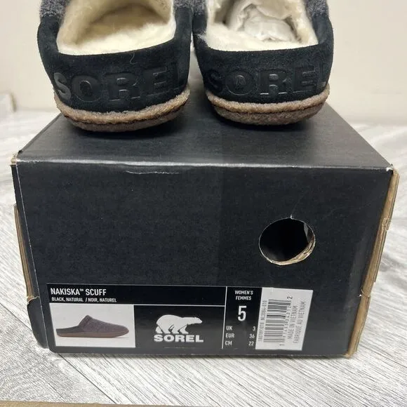 Sorel Nakiska Scuff Slippers Slides Mules Black Gray Faux Fur Slip On Sz 5 New