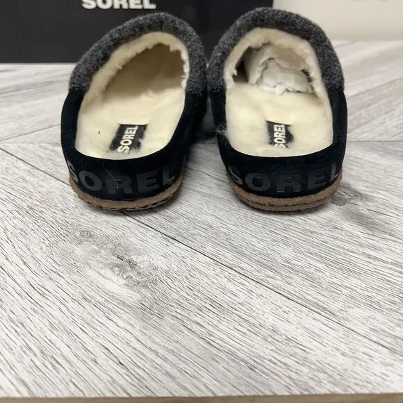 Sorel Nakiska Scuff Slippers Slides Mules Black Gray Faux Fur Slip On Sz 5 New