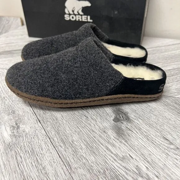 Sorel Nakiska Scuff Slippers Slides Mules Black Gray Faux Fur Slip On Sz 5 New