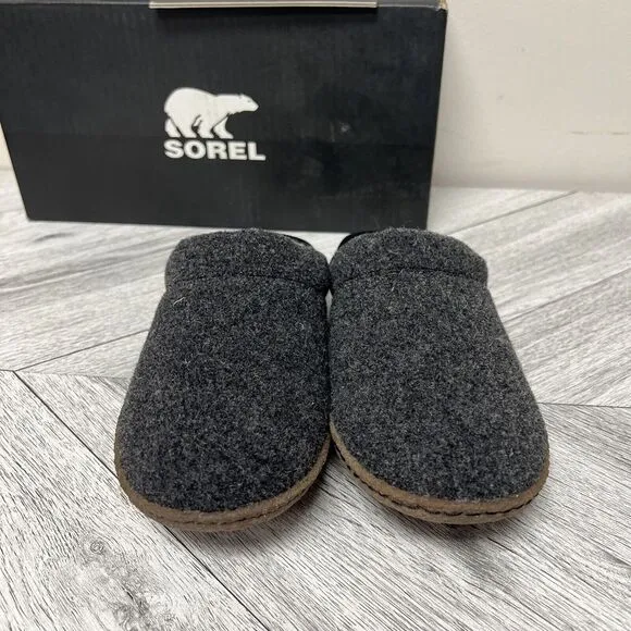 Sorel Nakiska Scuff Slippers Slides Mules Black Gray Faux Fur Slip On Sz 5 New