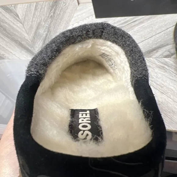 Sorel Nakiska Scuff Slippers Slides Mules Black Gray Faux Fur Slip On Sz 5 New