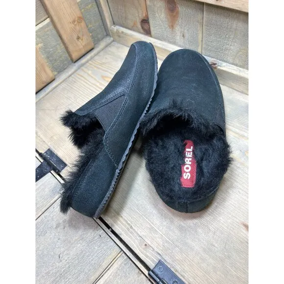 SOREL NWOB US10 Slip On Slippers Flat Black Faux Fur Lined Slides EU41