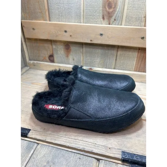 SOREL NWOB US10 Slip On Slippers Flat Black Faux Fur Lined Slides EU41