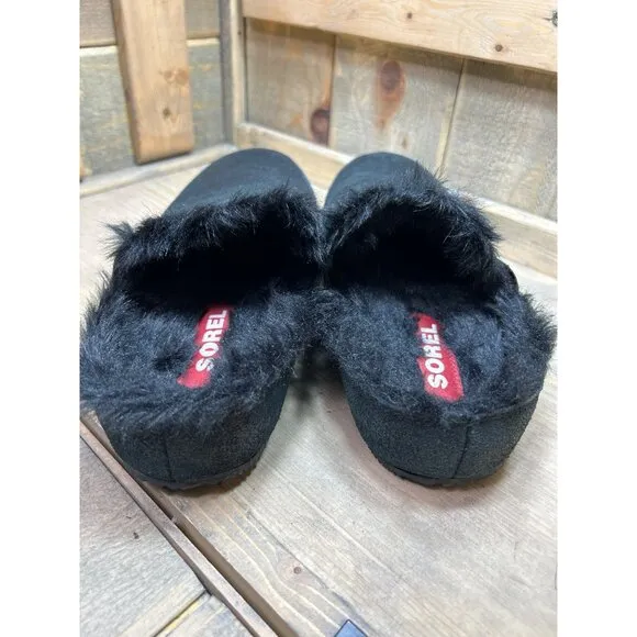 SOREL NWOB US10 Slip On Slippers Flat Black Faux Fur Lined Slides EU41