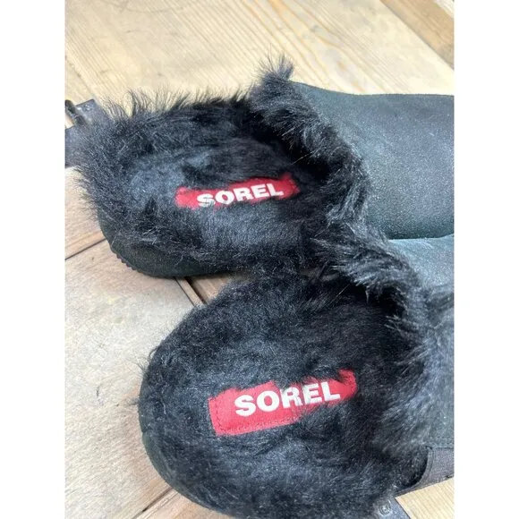 SOREL NWOB US10 Slip On Slippers Flat Black Faux Fur Lined Slides EU41