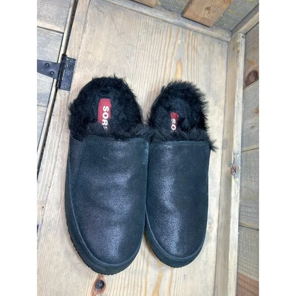 SOREL NWOB US10 Slip On Slippers Flat Black Faux Fur Lined Slides EU41