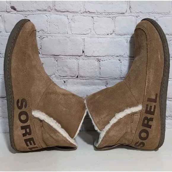 Sorel Womens Nakiska Bootie Slippers Camel Brown Suede NL3389-224 Size 10