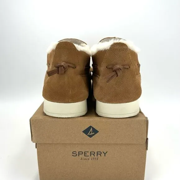 SPERRY UNISEX TAN SUEDE FAUX FUR COLLAR WARM &amp; COZY BOAT SLIPPERS LOAFER SHOES