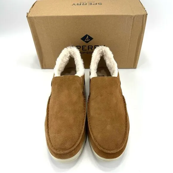 SPERRY UNISEX TAN SUEDE FAUX FUR COLLAR WARM &amp; COZY BOAT SLIPPERS LOAFER SHOES
