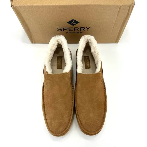 SPERRY UNISEX TAN SUEDE FAUX FUR COLLAR WARM &amp; COZY BOAT SLIPPERS LOAFER SHOES