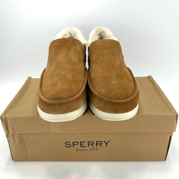 SPERRY UNISEX TAN SUEDE FAUX FUR COLLAR WARM &amp; COZY BOAT SLIPPERS LOAFER SHOES