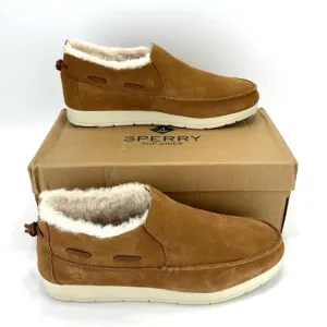 SPERRY UNISEX TAN SUEDE FAUX FUR COLLAR WARM &amp; COZY BOAT SLIPPERS LOAFER SHOES