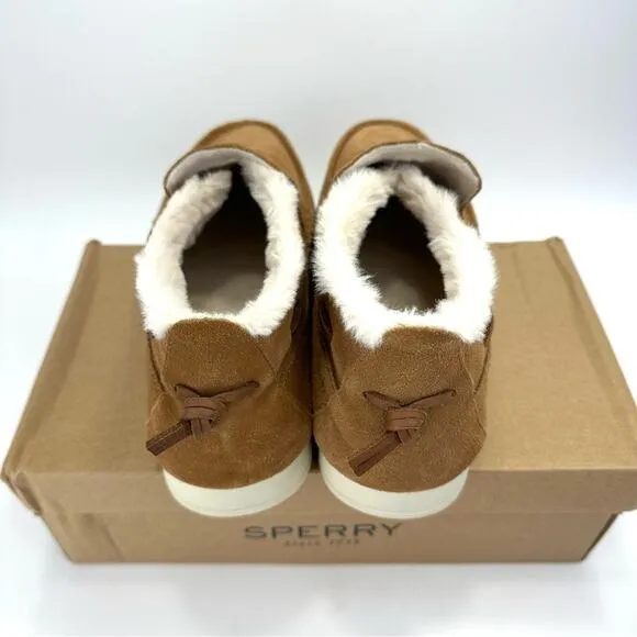 SPERRY UNISEX TAN SUEDE FAUX FUR COLLAR WARM &amp; COZY BOAT SLIPPERS LOAFER SHOES