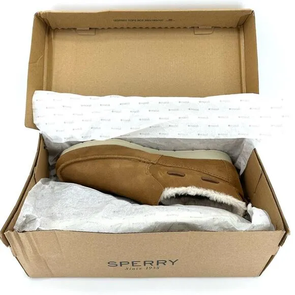 SPERRY UNISEX TAN SUEDE FAUX FUR COLLAR WARM &amp; COZY BOAT SLIPPERS LOAFER SHOES