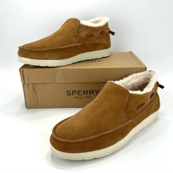 SPERRY UNISEX TAN SUEDE FAUX FUR COLLAR WARM &amp; COZY BOAT SLIPPERS LOAFER SHOES