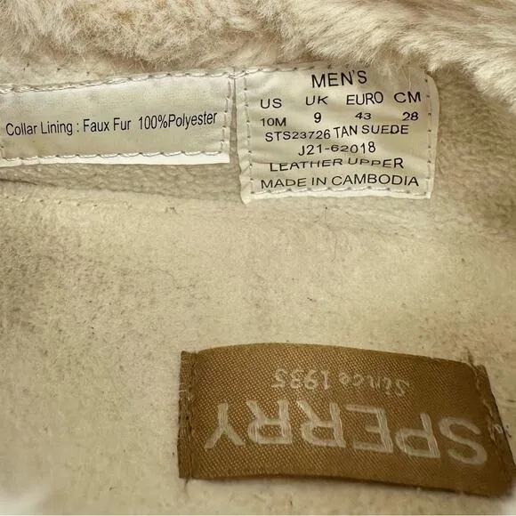 SPERRY UNISEX TAN SUEDE FAUX FUR COLLAR WARM &amp; COZY BOAT SLIPPERS LOAFER SHOES