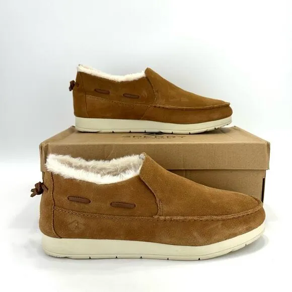 SPERRY UNISEX TAN SUEDE FAUX FUR COLLAR WARM &amp; COZY BOAT SLIPPERS LOAFER SHOES