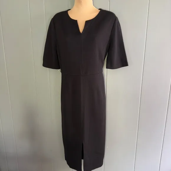 St. John Black Knit Sheath Dress 10 Wool Blend Midi Quiet Luxury Career Classic
