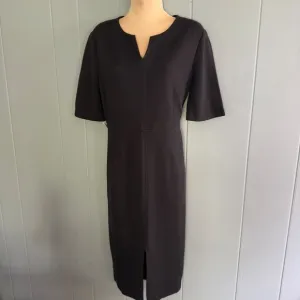 St. John Black Knit Sheath Dress 10 Wool Blend Midi Quiet Luxury Career Classic