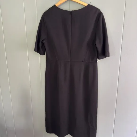 St. John Black Knit Sheath Dress 10 Wool Blend Midi Quiet Luxury Career Classic