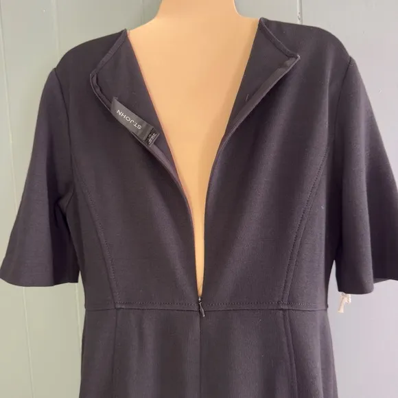 St. John Black Knit Sheath Dress 10 Wool Blend Midi Quiet Luxury Career Classic