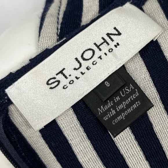 ST. JOHN COLLECTION Navy Breton Stripe Wool Knit Sleeveless Quiet Luxury Dress 8