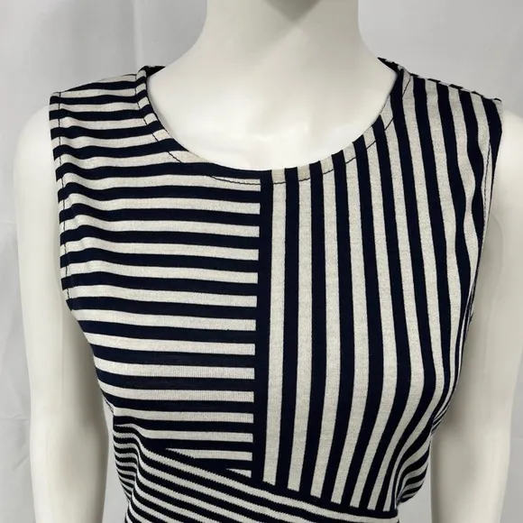 ST. JOHN COLLECTION Navy Breton Stripe Wool Knit Sleeveless Quiet Luxury Dress 8