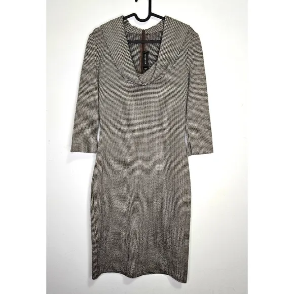 ST JOHN Micro Houndstooth Seath Midi Dress Sz S Cowl Neck Luxury