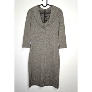 ST JOHN Micro Houndstooth Seath Midi Dress Sz S Cowl Neck Luxury