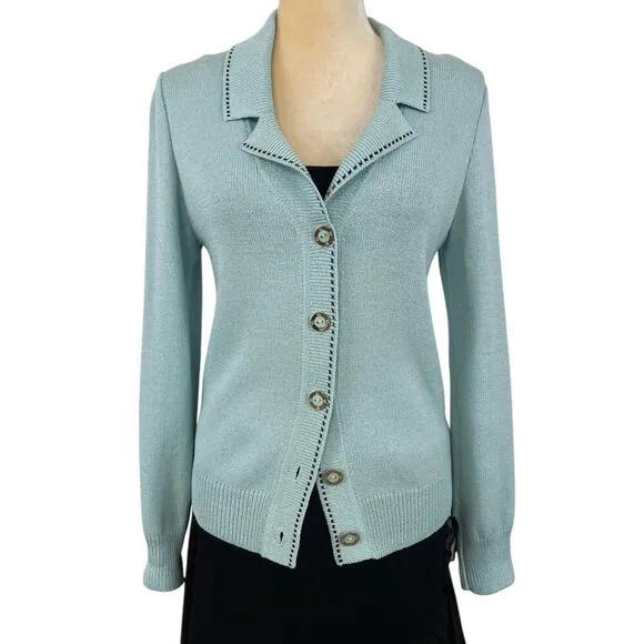 St. John Sport Knit Button Front Jacket Teal Small Blazer Luxury Old Money