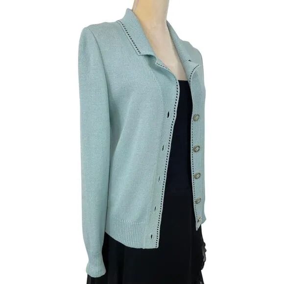 St. John Sport Knit Button Front Jacket Teal Small Blazer Luxury Old Money