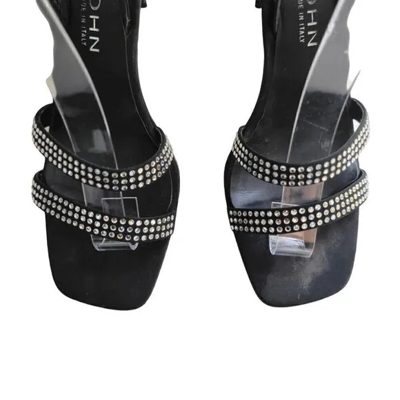 St. John Storm Black Crepe &amp; Rhinestone Heels Women Size 8 B