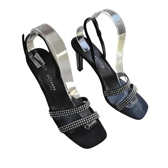 St. John Storm Black Crepe &amp; Rhinestone Heels Women Size 8 B
