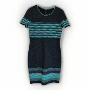 St. John Tweed Boucle‎ Dress Women's size 8 Black/Aqua Stripe Quiet Luxury