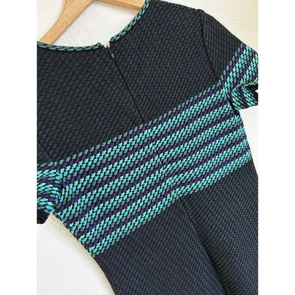 St. John Tweed Boucle‎ Dress Women's size 8 Black/Aqua Stripe Quiet Luxury